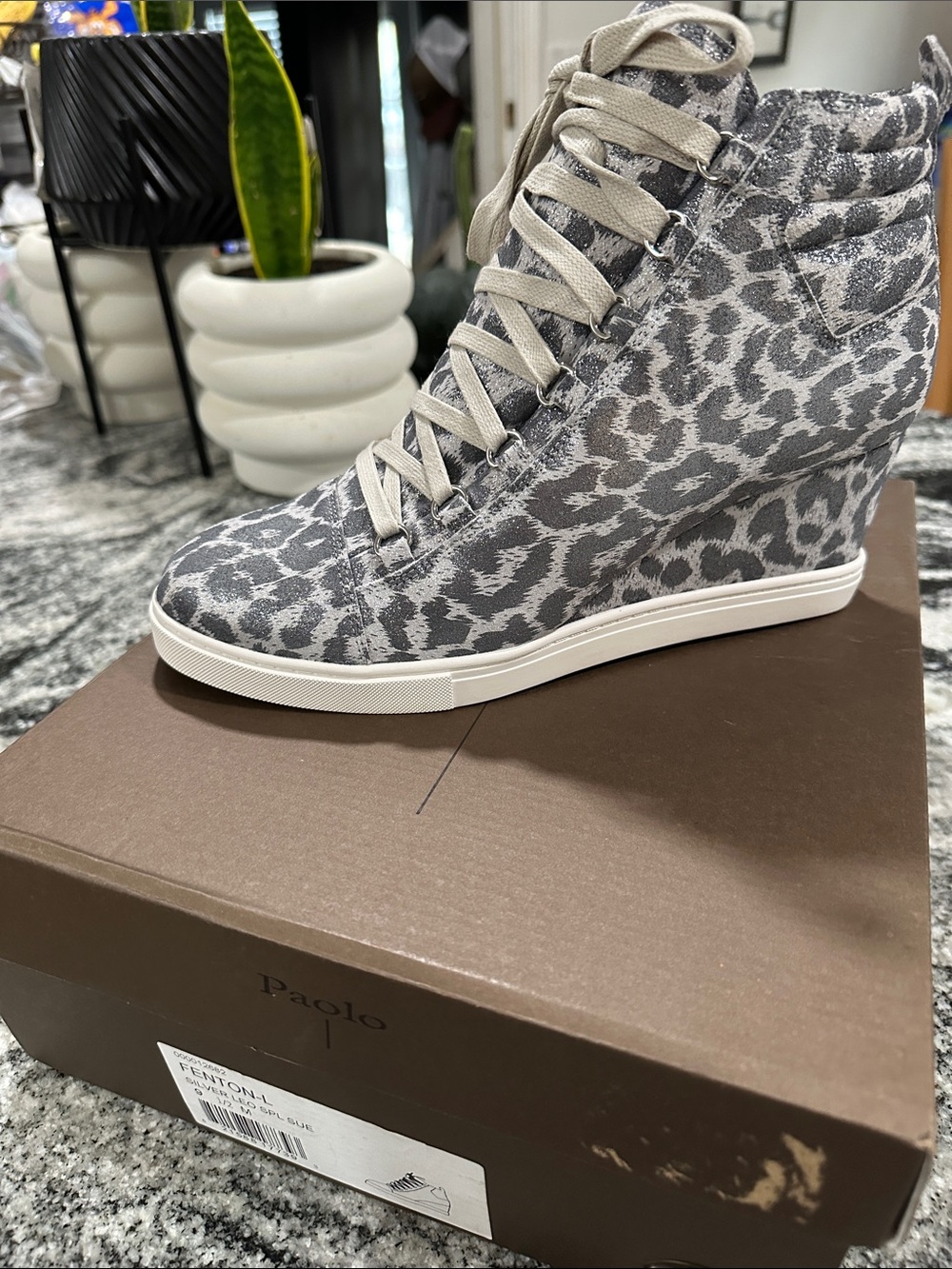 Paolo Gray Leopard-Print High-Top Wedge Sneakers